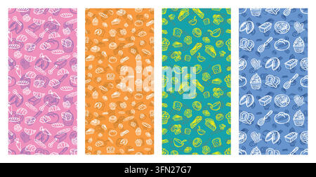 Whimsical hand-drawn doodle vector featuring various baked goods and utensils against bright colorful backgrounds. Ideal for bakery wrapping papers, k Stock Vector