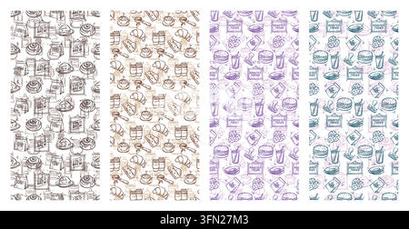 Clean hand-drawn doodle vector featuring coffee drinks, donuts, and bakery treats against white backgrounds. Perfect for coffee shop packaging, bevera Stock Vector