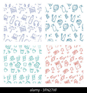 A comprehensive vector collection featuring four distinct hand-drawn seamless patterns. Top-left shows tech and study items in blue. Top-right display Stock Vector