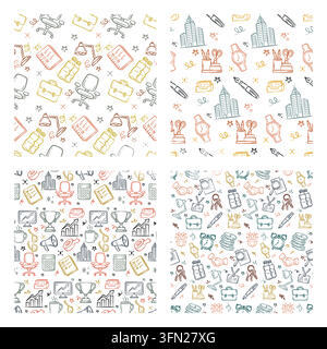 Four distinct repeating backgrounds display assorted hand-drawn business icons and workplace objects. Quadrants feature office furniture, corporate bu Stock Vector