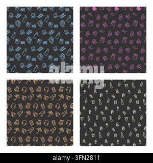 Hand drawn outline lifestyle objects and daily accessories seamless pattern pack set against a dark chalkboard background with neon color accents. Per Stock Vector
