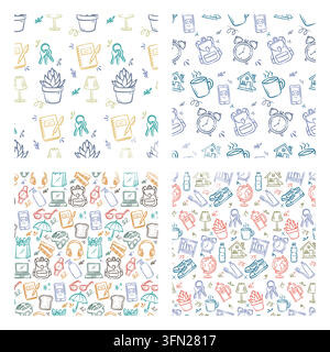Four unique repeating grid backgrounds feature assorted outlined motifs including potted plants, school supplies, tech gadgets, and household tools. R Stock Vector