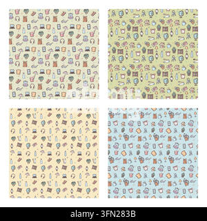 Creative hand drawn lifestyle doodles pattern collection featuring diverse casual items, food, and electronics on soft colored backgrounds. Perfect fo Stock Vector