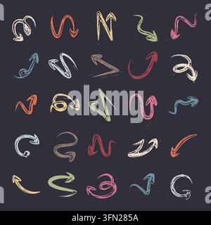 Textured pastel doodle vector featuring colorful sketchy pointers, curved paths, loops, and grungy arrows. Artistic chalk brush strokes on a dark back Stock Vector