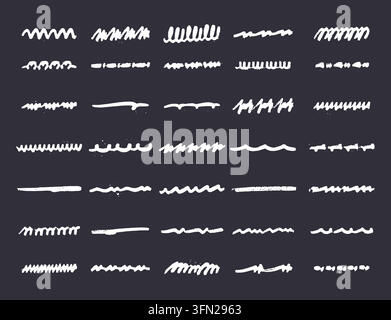 Vector collection of textured chalk wavy lines, zigzag strokes, and sketchy borders. Rendered in a white chalk style on a dark blackboard background, Stock Vector