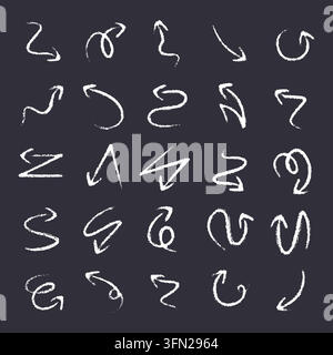 Hand-drawn vector collection of various sketched arrows and direction pointers. Rendered in a textured white chalk style on a dark blackboard backgrou Stock Vector