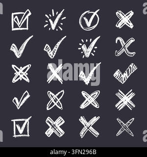 Vector collection of textured chalk checkmarks, cross symbols, tick boxes, and rejection marks. Rendered in a white chalk style on a dark blackboard b Stock Vector