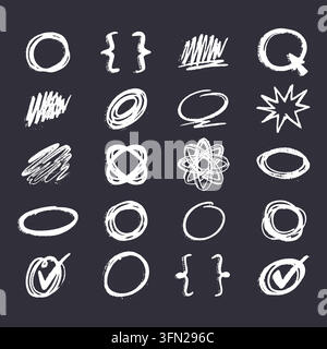Hand-drawn vector collection of textured chalk circles, brackets, checkmarks, and scribble highlights. Rendered in a white chalk style on a dark black Stock Vector