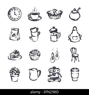 An artistic collection of hand-painted brush stroke illustrations highlighting cozy cafe elements, coffee makers, and sweet pastries on a white backgr Stock Vector