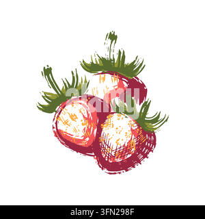 An expressive hand-painted brush stroke illustration featuring a cluster of fresh ripe strawberries with green leafy stems and rich red tones against Stock Vector