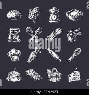 Hand-drawn vector collection of baking equipment and sweet treats, featuring a stand mixer, rolling pin, whisk, and cake. Rendered in a textured white Stock Vector