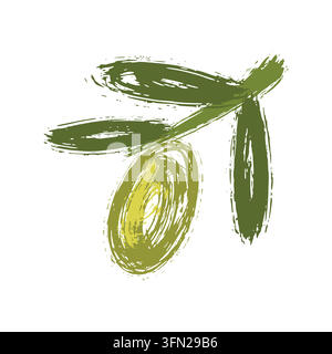 An artistic hand-painted brush stroke illustration featuring a fresh olive branch with green leaves and a ripe olive fruit against a clean white backg Stock Vector