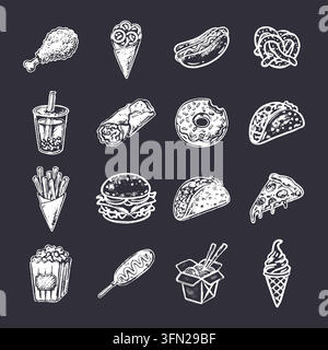 A vibrant set of hand-drawn chalk illustrations featuring popular fast food items and snacks against a dark chalkboard background. The collection incl Stock Vector