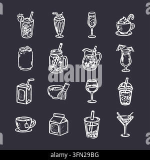 An exquisite collection of hand-drawn chalk illustrations featuring various refreshments, cocktails, juices, and hot beverages against a dark chalkboa Stock Vector
