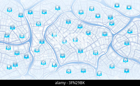 City map with service icons and points of interest, light blue urban infrastructure plan. Vector illustration. Stock Vector