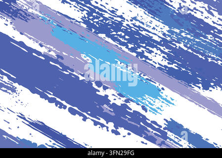 An abstract digital design featuring sapphire blue and turquoise textured brush strokes with dynamic paint splatters diagonally on a clean white backg Stock Vector