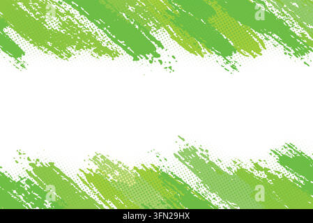 Dynamic bright green and lime grunge brush stroke backdrop featuring subtle halftone dot patterns framing a central white copy space. Perfect for mode Stock Vector