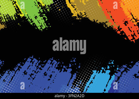 Striking vector artwork featuring vibrant green, yellow, orange, and blue paint brush strokes accented with white halftone dot patterns against a deep Stock Vector