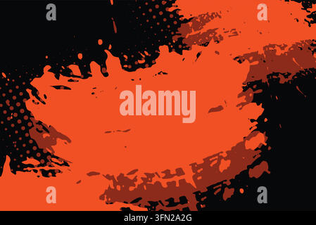 Expressive vector backdrop featuring a deep black background paired with dynamic bright orange brush strokes and classic halftone dot screens. Tailore Stock Vector