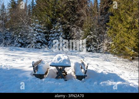 Wooden table and bench covered with snow in a peaceful winter landscape, creating a simple and atmospheric outdoor scene. Stock Photo