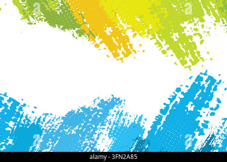 Dynamic artistic background featuring expressive, textured brush strokes in vivid yellow, green, and blue hues, detailed with subtle halftone dots. Th Stock Vector