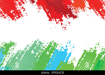 Dynamic abstract background featuring vibrant red, green, and blue paint brush strokes textured with subtle halftone dots on a clean white space. Idea Stock Vector