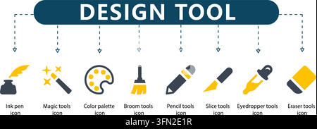 Design tool vector infographic featuring central header and eight creative icons for ink pen, magic wand, color palette, brush, pencil, and eraser. Stock Vector