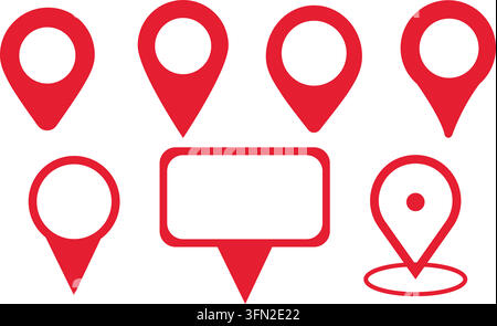 Map pin vector set featuring seven red location markers, pointer icons, and speech bubble frames with hollow white centers on solid dark background. Stock Vector