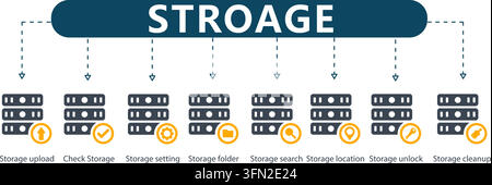 Storage vector infographic featuring central header and eight server rack icons for upload, checking, settings, folders, search, location, and cleanup Stock Vector