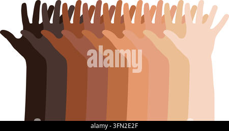 Diverse hands vector illustration featuring multiple raised hands with various skin tones showing unity, diversity, equality, and inclusion concept. Stock Vector