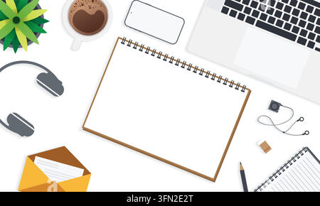 Top view vector workspace mockup featuring blank spiral sketchbook, laptop, coffee cup, smartphone, headphones, plant, envelope, and stationery. Stock Vector