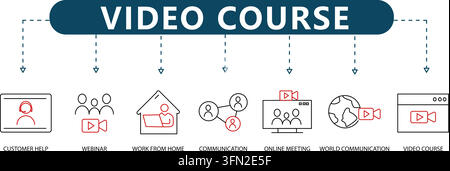 Video course vector infographic featuring seven black and red outline icons representing customer help, webinar, work from home, communication, online Stock Vector