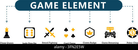 Game element vector infographic featuring seven black and yellow gaming icons representing chess queen, ludo dice six, sword fighting, card game, crow Stock Vector