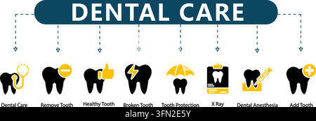 Dental care vector infographic featuring eight black and yellow medical icons representing dental checkup, tooth removal, healthy tooth, broken tooth, Stock Vector