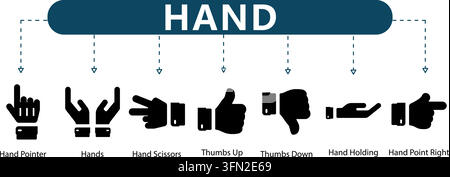 Hand gestures vector infographic featuring seven black icon silhouettes representing hand pointer, scissors, thumbs up, down, holding, and pointing. Stock Vector