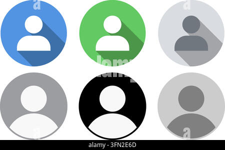 User profile avatar vector set featuring six circular icons with human silhouette symbols in blue, green, grey, black, and light tones. Stock Vector
