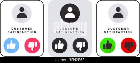 Customer satisfaction vector infographic featuring three rectangular banners with user profile icons and thumbs up or thumbs down feedback buttons. Stock Vector