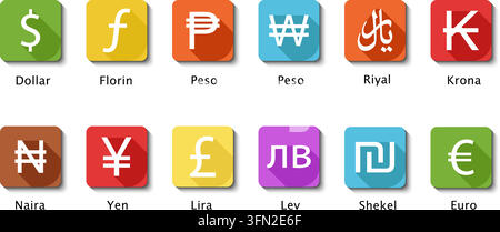Currency symbols vector infographic featuring twelve colorful square flat icons with long shadows representing global money units like dollar, euro Stock Vector