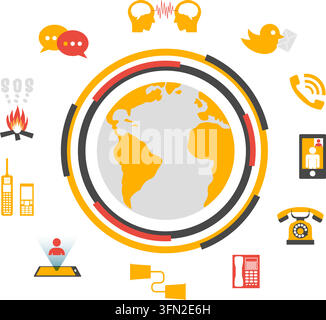 Global communication vector concept featuring a central world globe surrounded by concentric rings and various icons for telecommunication devices. Stock Vector