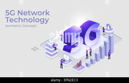 5G network technology isometric concept vector illustration featuring purple 3D typography, data charts, and tiny people working on a platform. Stock Vector