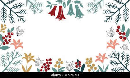 Folk art botanical floral frame with winter and autumn leaves pine branches and berries decorative rectangular border Stock Vector