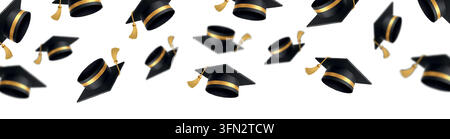 Graduation border with floating mortarboard caps and gold confetti on white background vector template for celebration design Stock Vector