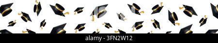 Graduation caps border with black academic hats and golden tassels on white background Stock Vector