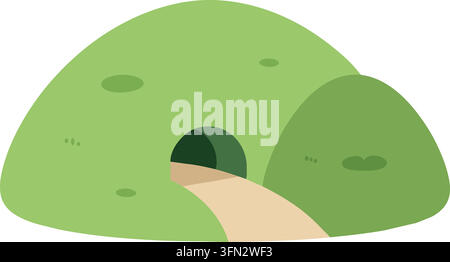Flat illustration of a smooth green mound with a dark arched opening and a pale path leading toward the entrance Stock Vector