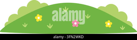 Flat illustration of a low green meadow mound covered with leafy grass and scattered yellow white and pink flowers Stock Vector