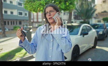Woman wearing glasses and a blue shirt holding car keys and smartphone to ear on street beside a parked white car; relief communication. Stock Photo