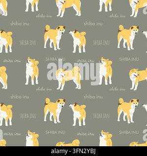 Seamless pattern with cute Shiba Inu Japanese dogs and handwritten breed lettering on grey background. Canine vector repeat Stock Vector