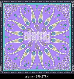 Colorful intricate purple and teal scarf or bandana design with paisley mandala pattern Stock Vector