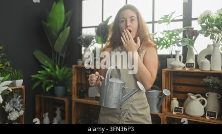 Woman florist in apron holds metal watering can and covers mouth with hand in studio flower shop; surprise. Stock Photo