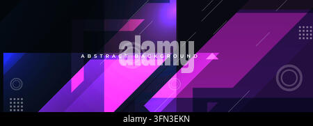 Futuristic abstract geometric background with glowing purple magenta and blue diagonal shapes, layered translucent panels, circles, grid accents, dark Stock Vector
